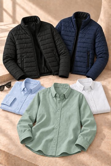 5-Piece Men's Combination Set – 2 Puffer Jackets with Stand Collar + 3 Sofia Shirts