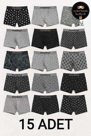 15 Pieces of Cotton Lycra Mixed Patterned Men's Boxer Set - Special Production with Sleep Band as a Gift