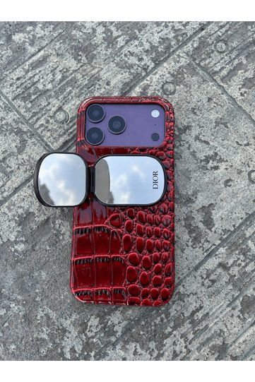 حافظة مرآة فاخرة من الجلد على شكل ثعبان باللون الأحمر الداكن متوافقة مع هاتف Apple iPhone 17 Pro Max