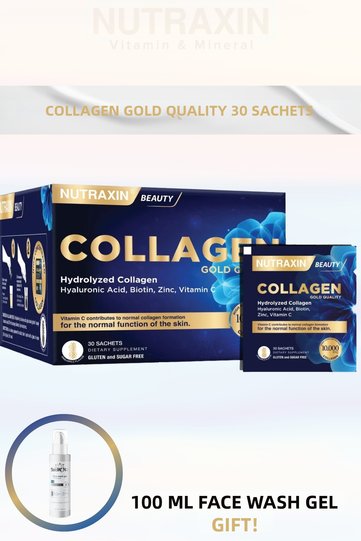 Collagen Gold Quality 10.000 Mg Type 1 Type 3 Hyaluronic Acid Zinc B5, B6, Biotin, Selenium Pineapple Flavored 30 Sachets + 100 ml Face Wash Gel Gift