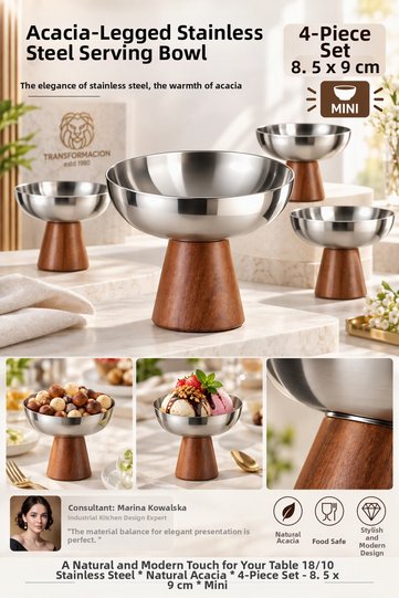 4-Piece Set - Midi - Acacia Footed Steel Ice Cream Bowl, Snack Bowl, Cake Fruit Presentation Bowl, Serving Set 18/10 304 Steel 723769