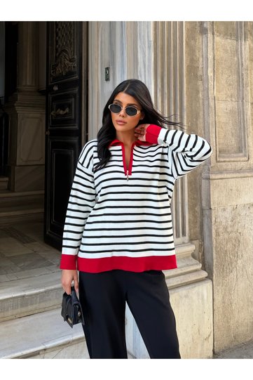 Women's Red Zippered Striped Polo Collar Knit Sweater