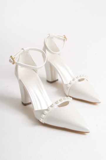 Women's Pearl Detailed Bridal Shoes Pointed Toe Thick Heeled Ankle Strap Evening Dress Shoes - 9 cm