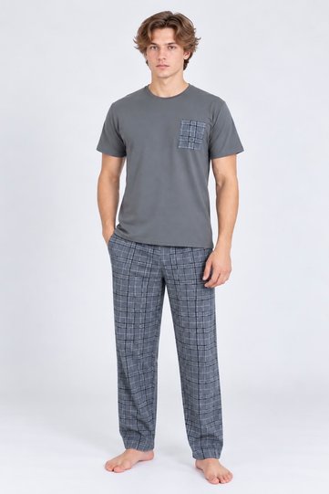 Leeds Wrist 100% Cotton Men's Short Sleeve Plaid Gray Pajama Set