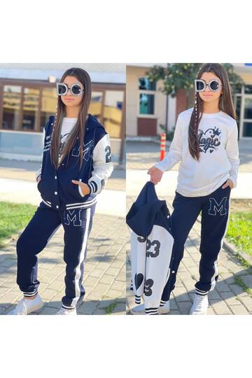 Girl's 3-Yarn Embroidered College Jacket Printed 3-Piece Set - Hooded Sweatshirt 100% Cotton Top and Bottom Set