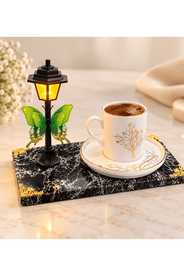 Premium Porcelain Coffee Cup with Led Street Lamp and Black Base, Tree of Life Design