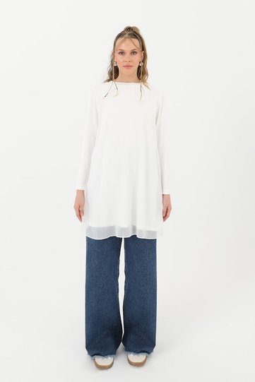 Women's Turtleneck Tulle Detailed Blouse - 10269Tun Ecru