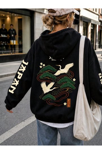 Unisex Men/Women Japan Tree Printed Premium Hooded Sweatshirt with 2 Yarns Oversized Sweatshirt Hoodie