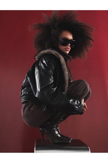 Long Sleeve Faux Leather Jacket with Fur Collar