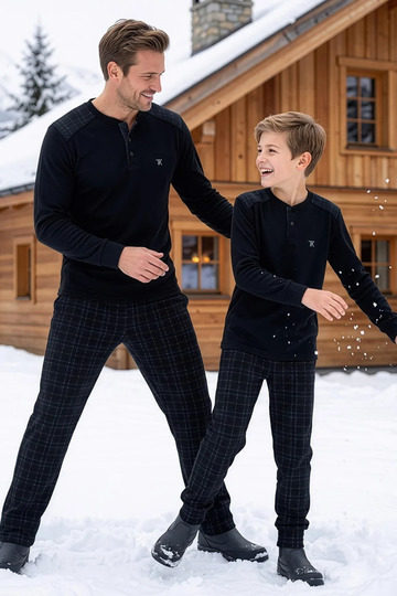 Men's Black Plaid and Square Pattern Long Sleeve Father-Son Thermal Soft Fabric Winter Warm Pajama Set