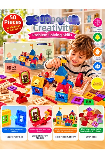 50 Piece Magnetic Building and House Building Set with Figures, Educational Children's Play Set for Ages 3+