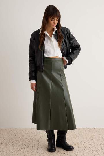 Khaki Faux Leather High Waist Maxi Skirt Twoaw24Et00151