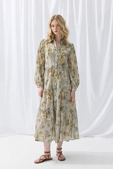 İz Kolekcyon Eco Print Relaxed Fit Long Dress - Green