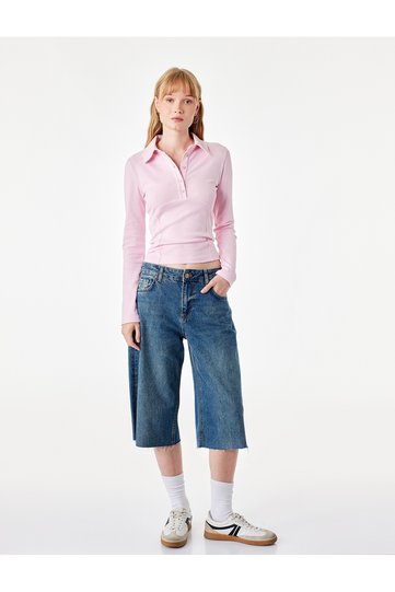 Cotton Buttoned Corset-Detail Polo-Neck Long-Sleeve T-Shirt