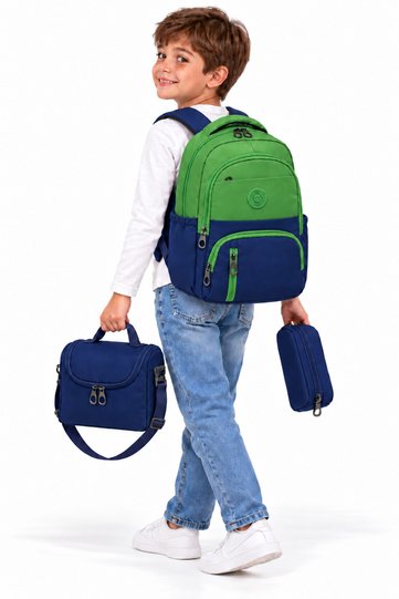 First School Bag Set of 3 Unisex Children's Primary School Backpack 8010 Green-Navy Blue