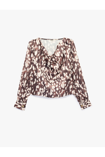 Degaje Collar Long Sleeve Bambi Patterned Satin Blouse