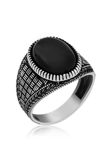 Silver Onyx Stone Knitted Patterned Men's Ring
