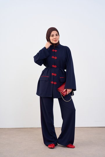 Women's Double Button Look Chinese Button Detail Waist Tie Suit Navy Blue