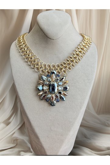 Royal Armor Gold Ring Mesh Chain Smoked Crystal Medallion Necklace