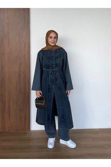 Women's Chinese-Inspired Detail-Embellished Top with Buttons and Belted Jeans Tunic Pants Set