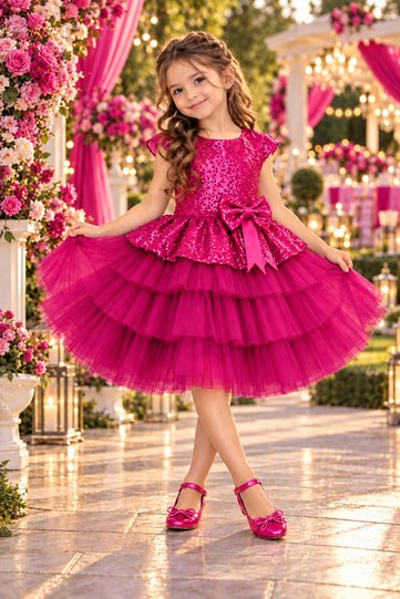 Girl's Fuchsia Birthday Special Day Evening Dress Sequined Dress