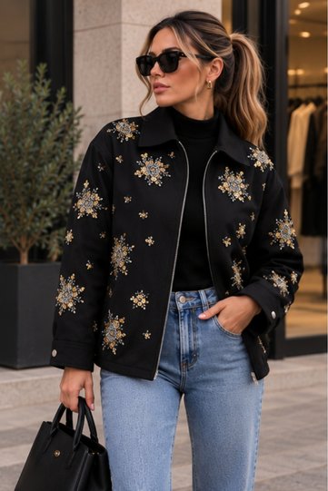 Nox Women's Premium Jacket with Elastic Waist, Handcrafted Embroidery on Front and Sleeves