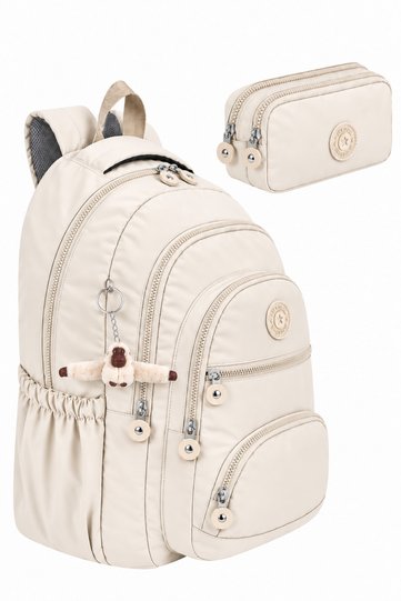 Set of 2 Luxury Crinkle Fabric High School and Middle School Backpack + Pencil Case, with Monkey Keychain Gift