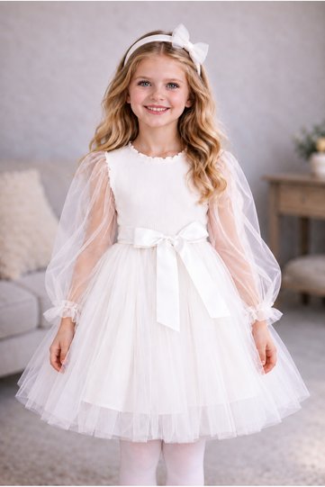 Fairy Long Tulle Sleeve Girls' Princess Fluffy Tutu Dress with Plain Stretchy Lycra Tutu