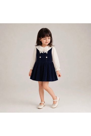 Pearl Button Detailed Velvet Dress with Baby Collar and Ribbon Detailed Blouse, Two-Piece Girls' Dress