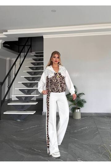 Women's Quality Sequin Detailed Leopard Patterned Top and Bottom Tracksuit Set