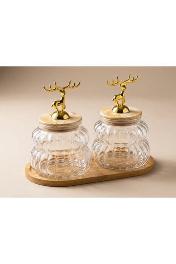 Set of 2 Glass Jars with Deer Figures and Bamboo Stands – Decorative Storage Container