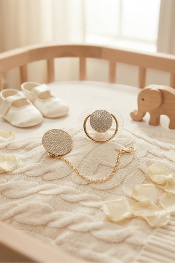 Gold Plated Transparent Crystal Stone Silicone Pacifier and Chain Set - Ztse041