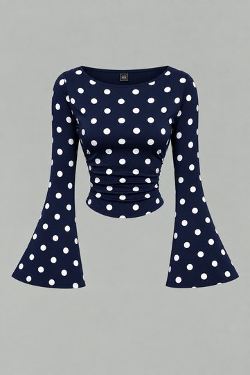 Navy Blue White Polka Dot Boat Neck Spanish Sleeve Gathered Long Sleeve Blouse, Navy Blue Polka Dot Blouse