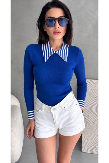 Women's Saks Saks Polo Neck Ribbed Knitted Blouse