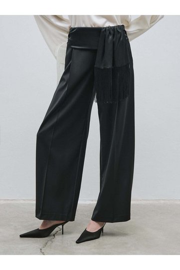Black Trousers with Tasseled Satin Belt Detail
