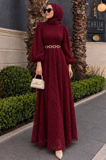 Lace Burgundy Hijab Dress 54123Br