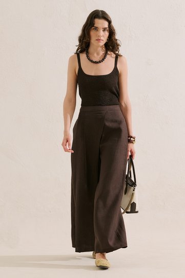 Linen Pants with Envelope Closure Acikahve