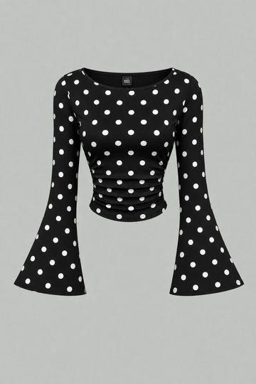 Black and White Polka Dot Boat Neck Spanish Sleeve Gathered Long Sleeve Blouse, Black and White Polka Dot Blouse