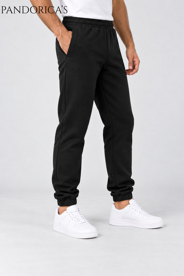 Unisex Black Lace-Up Elastic Leg Sweatpants 100% Cotton 3 Yarns Seasonal/Winter