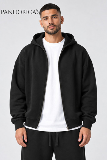 Unisex Black Zippered Hooded Cardigan 100% Cotton 3 Yarns Seasonal/Winter