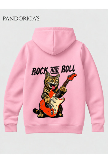 Rock&Roll Written Guitar Playing Cute Rocker Cat Written Back Printed Unisex 100% Cotton 3 Yarn Winter Hooded Kangaroo Pocket Basic Sweatshirt (Hoodie)