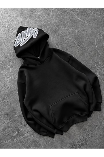 Unisex Oversize Black 3 Thread Raster Printed Hooded Sweatshirt with Kangaroo Pocket and "Slogan Written on the Hood and Chest"