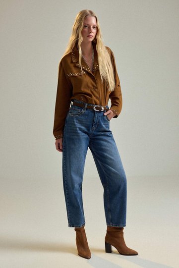 Blue Trok Detailed 100% Cotton High Waist Barrel Jeans Twoaw27Je00014