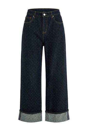 Dark Blue Polka Dot Folded Hem Regular Waist Wide Leg Jeans Twoaw27Je00022