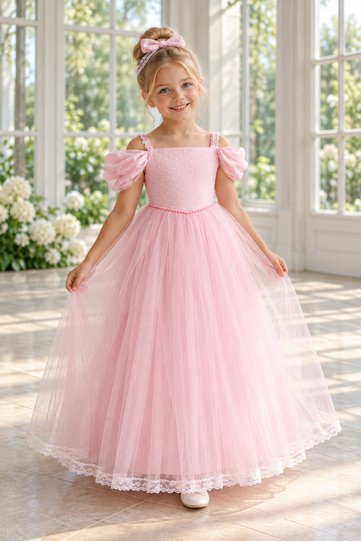 Pink Girl's Dress Birthday Concept Scalloped Helen Sleeve Evening Dress