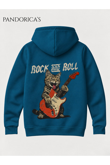 Rock&Roll Written Guitar Playing Cute Rocker Cat Written Back Printed Unisex 100% Cotton 3 Yarn Winter Hooded Kangaroo Pocket Basic Sweatshirt (Hoodie)