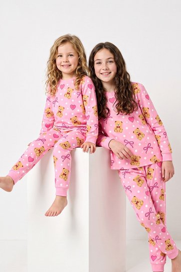 Girls Cute Teddy Bear, Heart and Bowknot Patterned Pink Long Sleeve Pajama Set