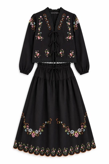 Floral Embroidered Linen Skirt Double Set