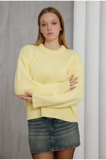 Lemon Yellow Crew Neck Oversize Women's Knit Sweater