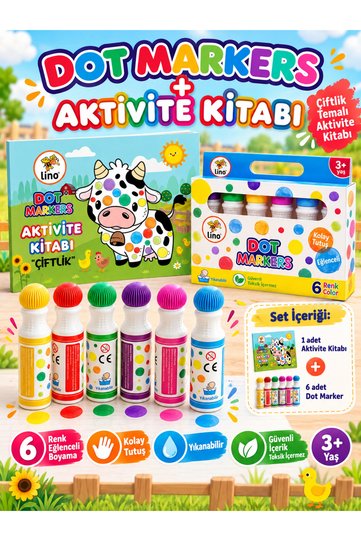 Lino Dot Markers 6-Piece Dot Paint Pens and Farm Themed Activity Book Educational Set - Washable